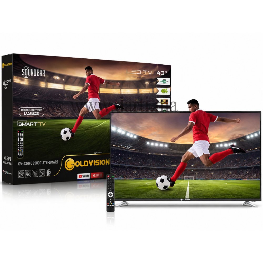 TV Goldvision 43 pouces Smart Android 14 – 2K Quad HD, Soundbar, WiFi, Récepteur intégré
