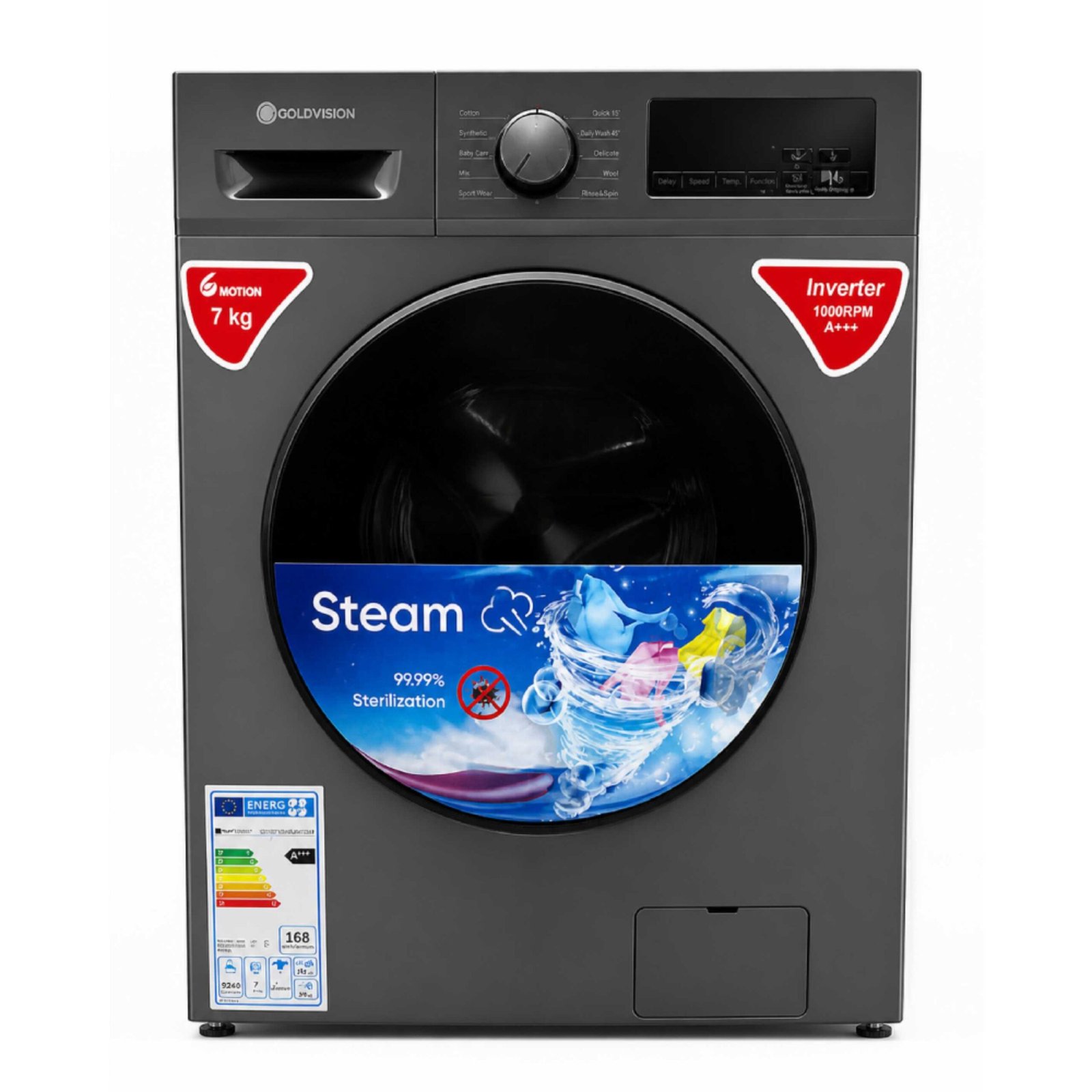 Machine à laver GOLDVISION GVWD-7KGA05-NT 7 Kg Inverter 1000RPM A+++ Gris – Steam